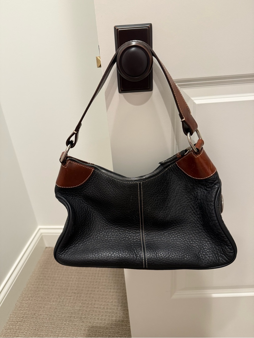 Dooney & Bourke Black Leather Shoulder Bag with Brown Trim